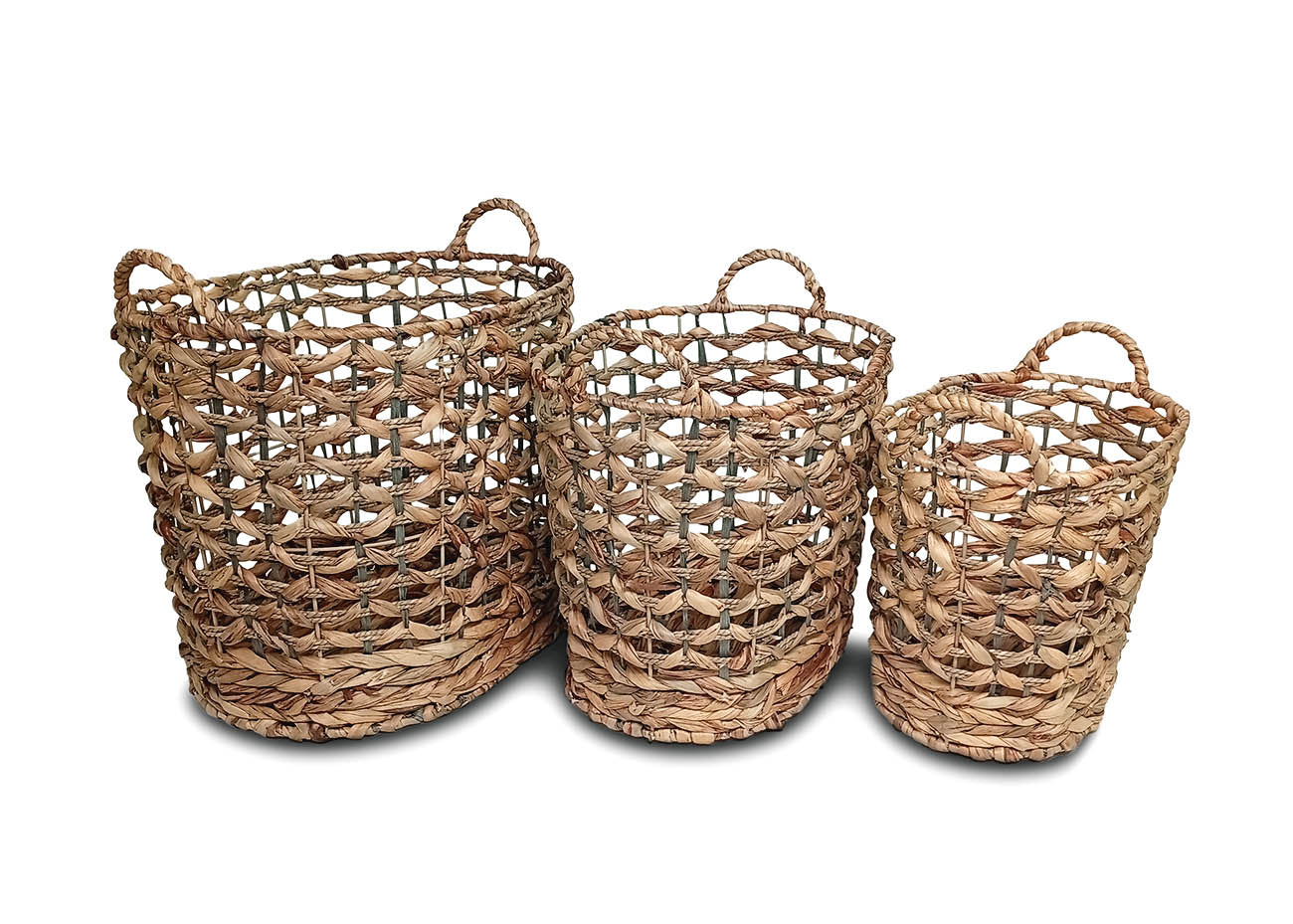Set de 3 Cestas Redondas de Mimbre con Asas. Almacenamiento Decorativo
