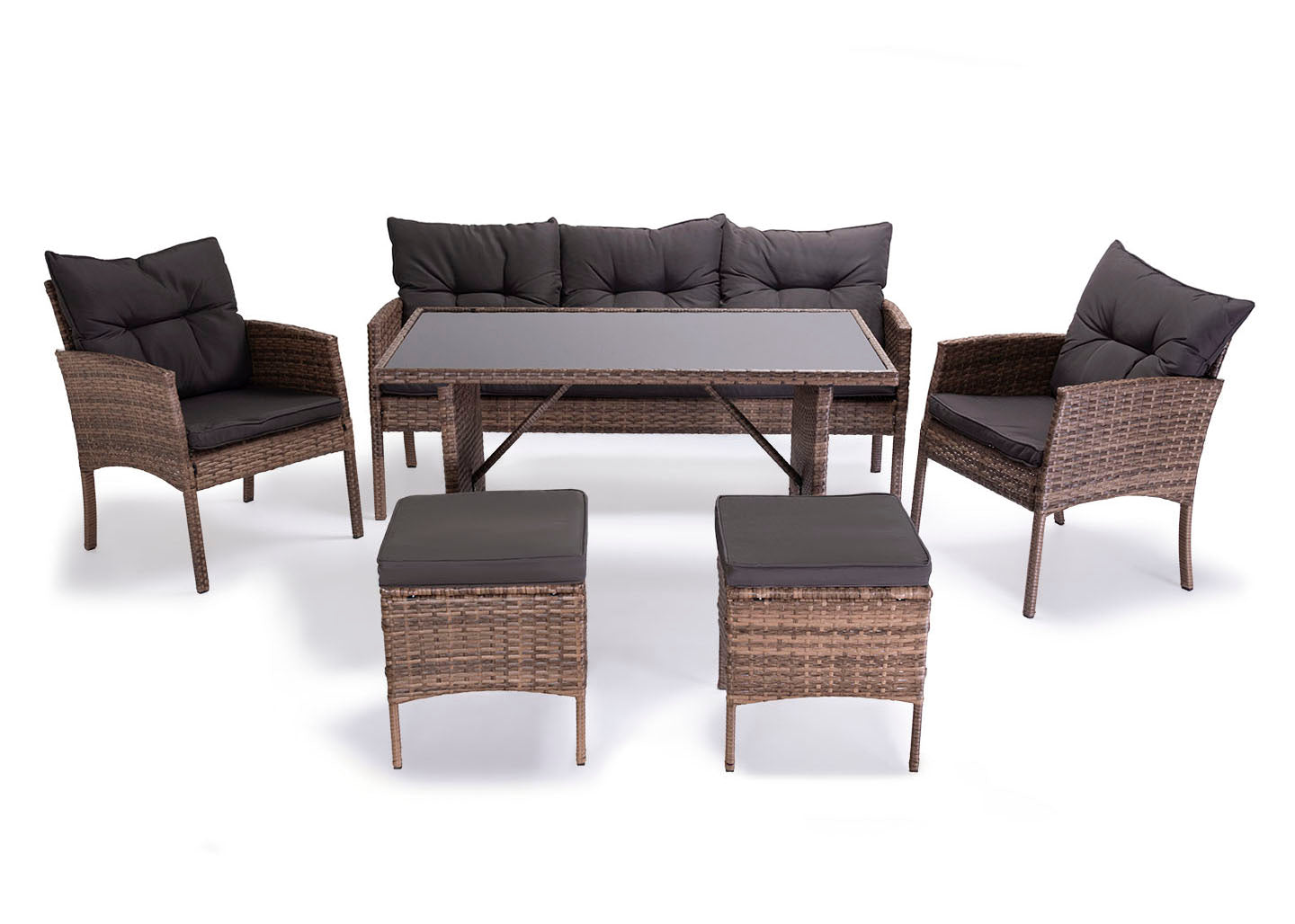 Sofa + Mesa + 2 Sillones + 2 pufs Ratan PE. Muebles de Jardin y Terraza Sebas
