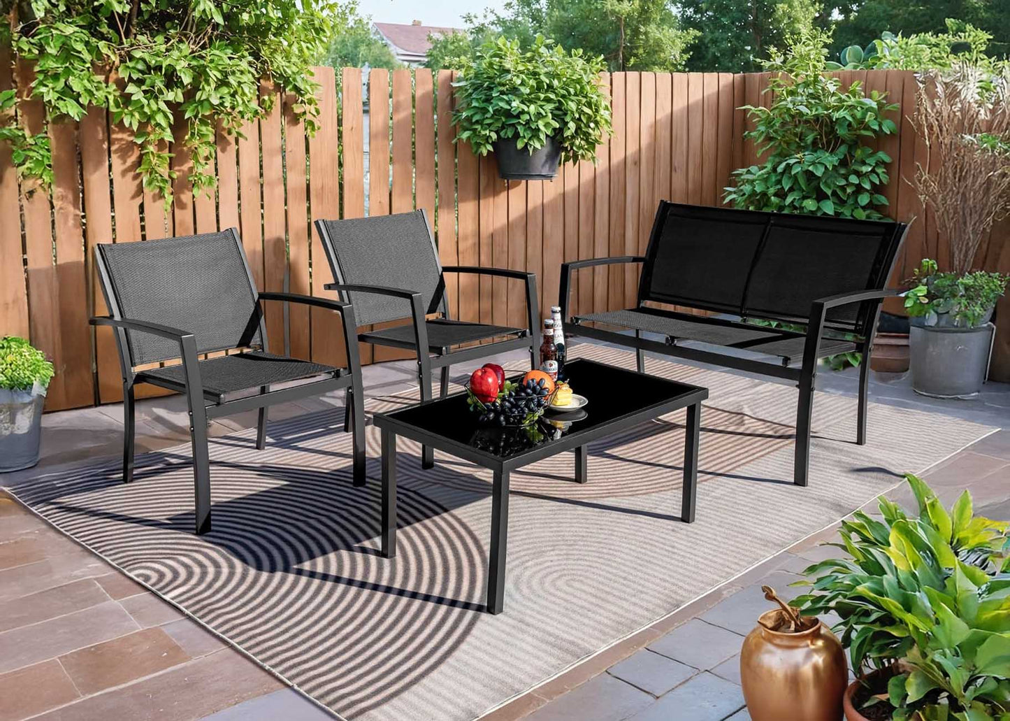 Sofa + 2 Sillas + Mesa de Cristal Templado. Conjunto de Jardin y Terraza