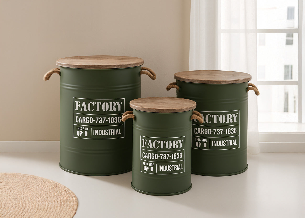 Set de 3 Cajas Metalicas Decorativas Factory. Almacenaje con Estilo