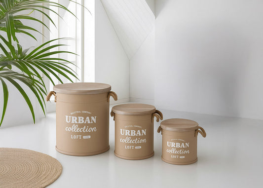 Set de 3 Cajas Redondas Estilo Vintage Urban. Almacenaje Decorativo
