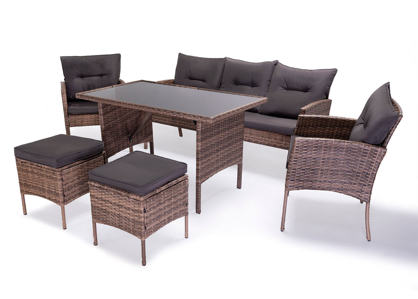Sofa + Mesa + 2 Sillones + 2 pufs Ratan PE. Muebles de Jardin y Terraza Sebas