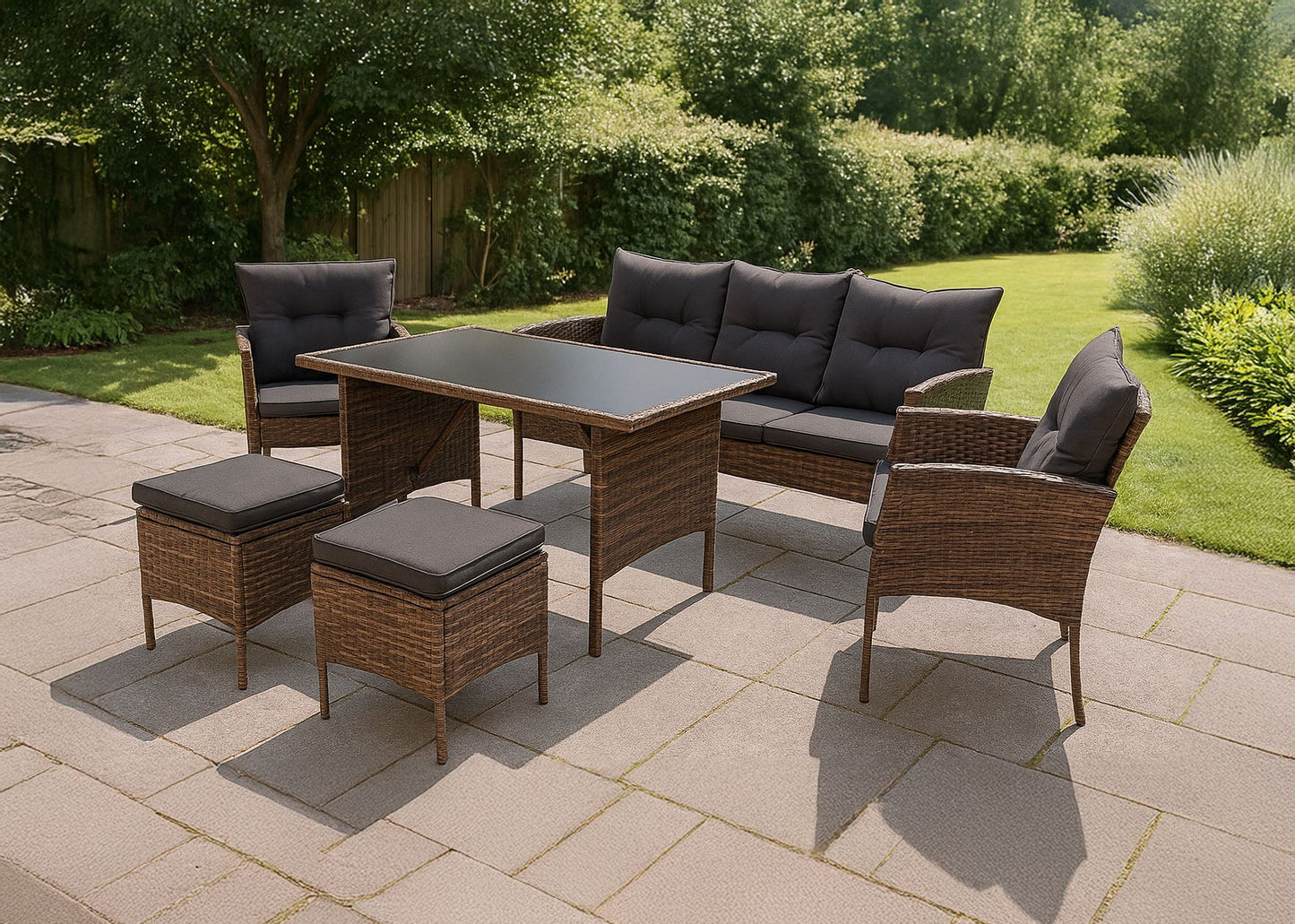 Sofa + Mesa + 2 Sillones + 2 pufs Ratan PE. Muebles de Jardin y Terraza Sebas