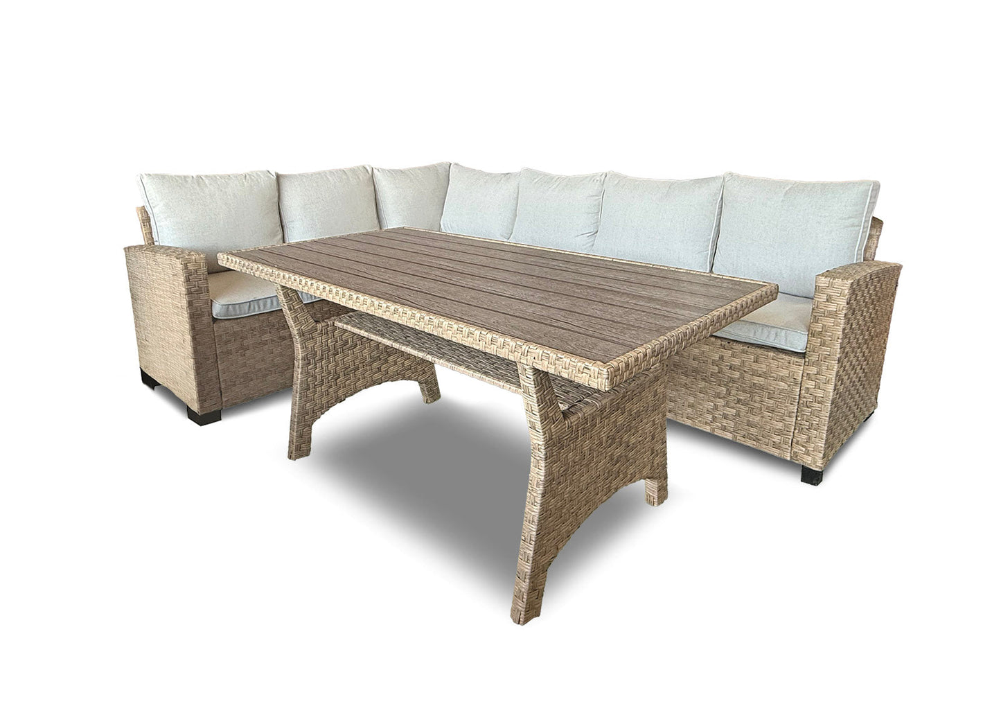 Sofa Rinconera + Mesa de Ratan PE Marron. Muebles de Jardin y Terraza