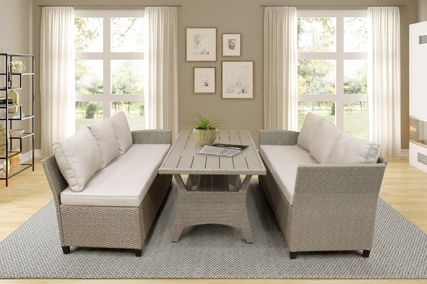 Sofa Rinconera + Mesa de Ratan PE Marron. Muebles de Jardin y Terraza