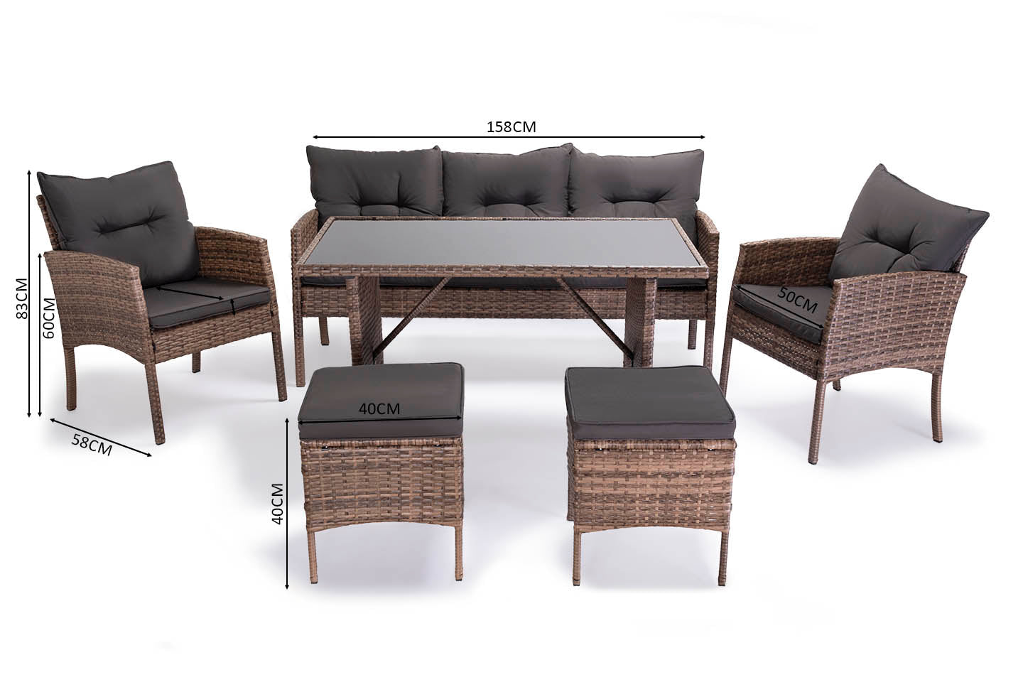 Sofa + Mesa + 2 Sillones + 2 pufs Ratan PE. Muebles de Jardin y Terraza Sebas