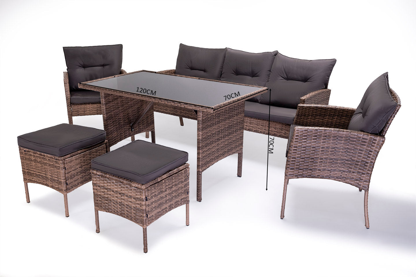 Sofa + Mesa + 2 Sillones + 2 pufs Ratan PE. Muebles de Jardin y Terraza Sebas