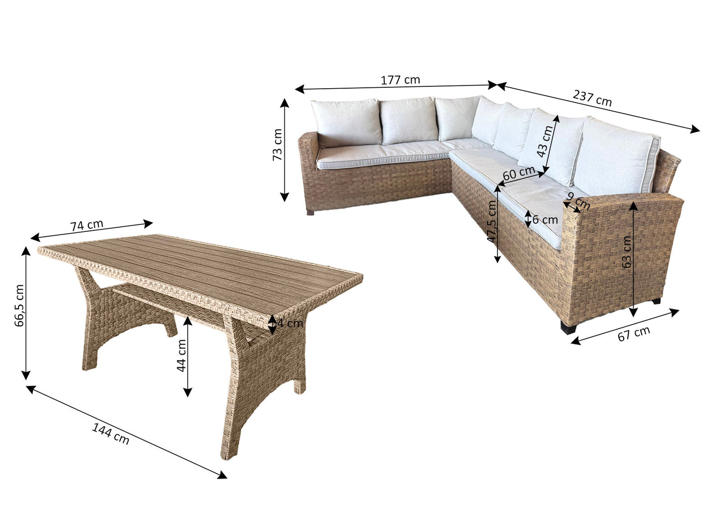 Sofa Rinconera + Mesa de Ratan PE Marron. Muebles de Jardin y Terraza