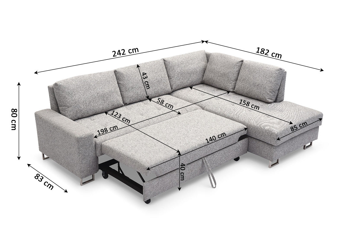 Sofa Cama Chaise Longue Febe 242cm. Rinconera, con Arcón