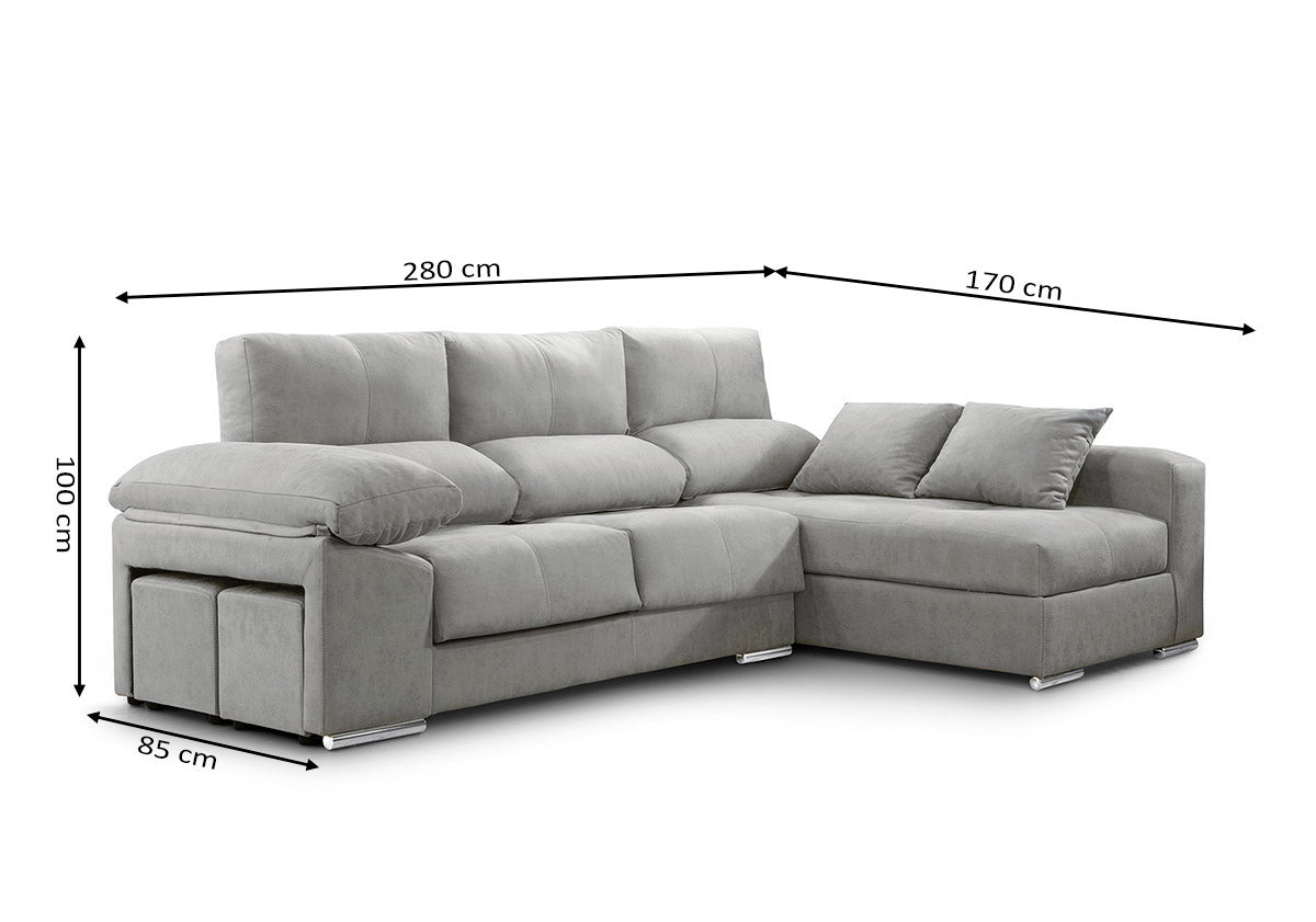 Sofa Chaise Longue Copi 280cm. Reclinable, +2 pufs