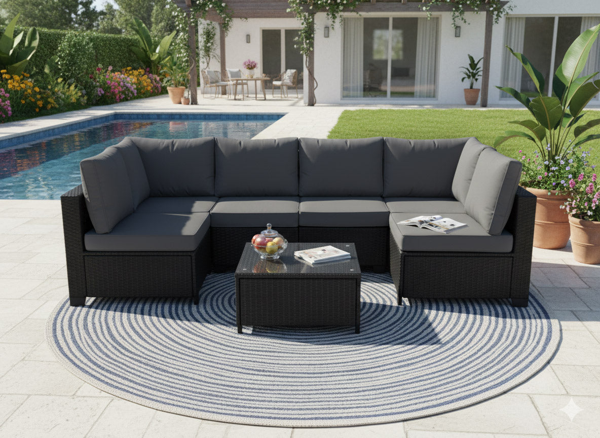 Conjunto de Sofas de Exterior en Ratan PE, 7 piezas. Muebles de Jardin y Terraza