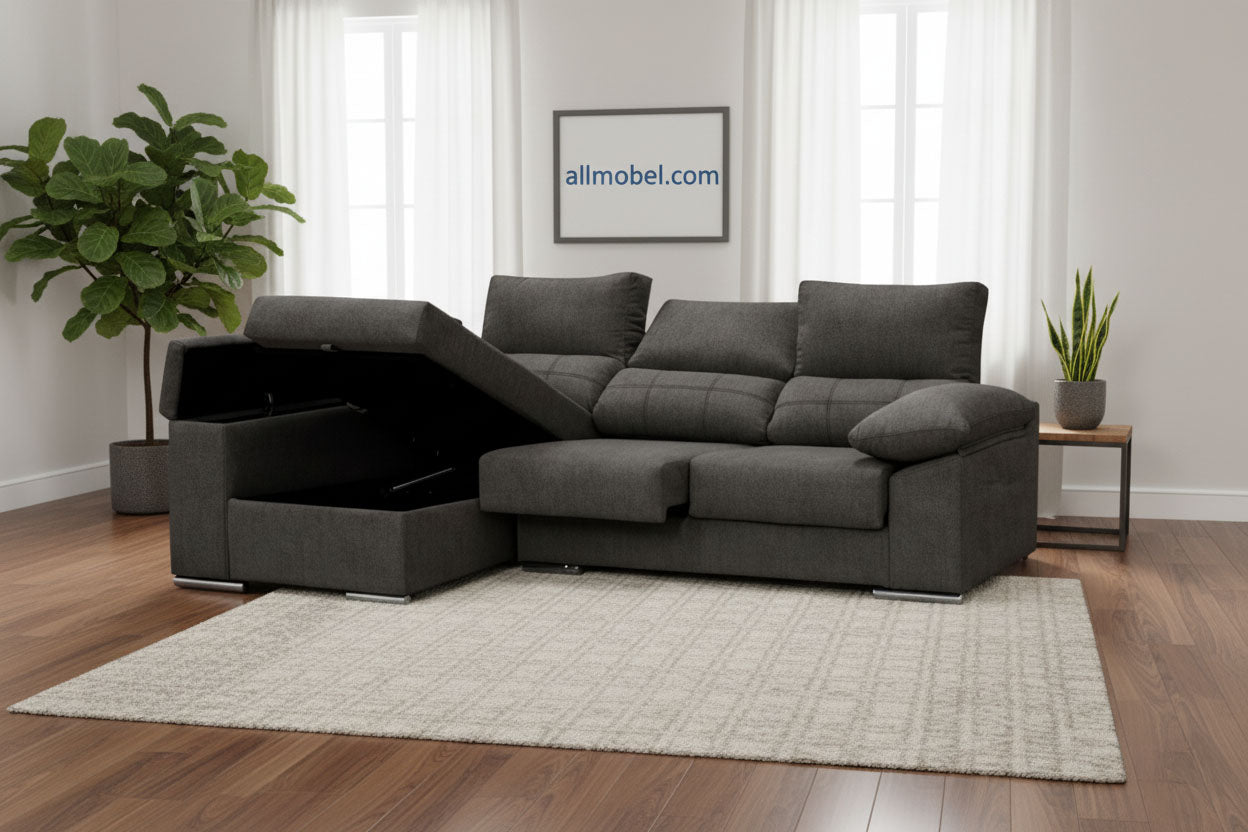 Sofa Chaise Longue Silver 260cm. Reclinable, con Arcon